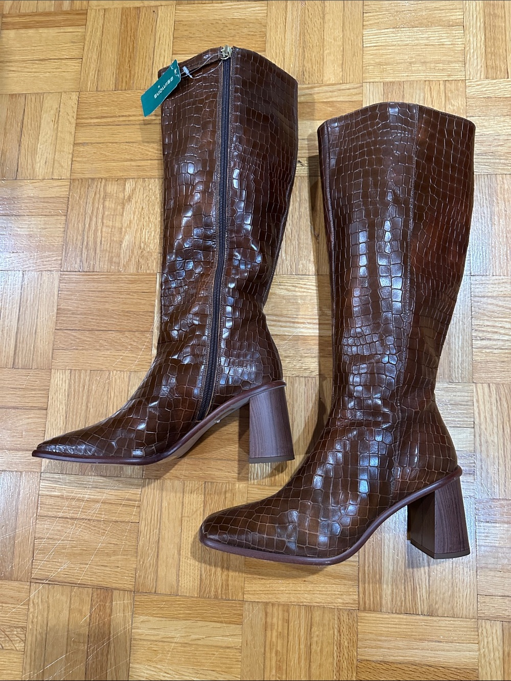 ALOHAS Chestnut Croc-Embossed Knee-High Heeled Boots - Picture 3 of 6